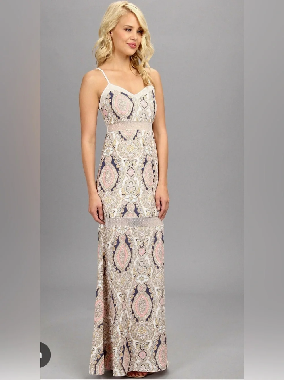 BCBGeneration Blush and Navy Paisley Lace-Trim Maxi Dress